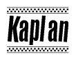 The clipart image displays the text Kaplan in a bold, stylized font. It is enclosed in a rectangular border with a checkerboard pattern running below and above the text, similar to a finish line in racing. 