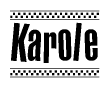 The image is a black and white clipart of the text Karole in a bold, italicized font. The text is bordered by a dotted line on the top and bottom, and there are checkered flags positioned at both ends of the text, usually associated with racing or finishing lines.