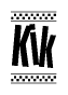 The image is a black and white clipart of the text Kik in a bold, italicized font. The text is bordered by a dotted line on the top and bottom, and there are checkered flags positioned at both ends of the text, usually associated with racing or finishing lines.