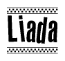 The clipart image displays the text Liada in a bold, stylized font. It is enclosed in a rectangular border with a checkerboard pattern running below and above the text, similar to a finish line in racing. 