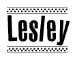 The image contains the text Lesley in a bold, stylized font, with a checkered flag pattern bordering the top and bottom of the text.