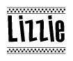 The clipart image displays the text Lizzie in a bold, stylized font. It is enclosed in a rectangular border with a checkerboard pattern running below and above the text, similar to a finish line in racing. 