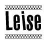 The image is a black and white clipart of the text Leise in a bold, italicized font. The text is bordered by a dotted line on the top and bottom, and there are checkered flags positioned at both ends of the text, usually associated with racing or finishing lines.