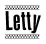 The image is a black and white clipart of the text Letty in a bold, italicized font. The text is bordered by a dotted line on the top and bottom, and there are checkered flags positioned at both ends of the text, usually associated with racing or finishing lines.