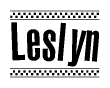 The clipart image displays the text Leslyn in a bold, stylized font. It is enclosed in a rectangular border with a checkerboard pattern running below and above the text, similar to a finish line in racing. 