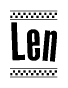 The image contains the text Len in a bold, stylized font, with a checkered flag pattern bordering the top and bottom of the text.