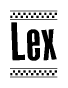 The image is a black and white clipart of the text Lex in a bold, italicized font. The text is bordered by a dotted line on the top and bottom, and there are checkered flags positioned at both ends of the text, usually associated with racing or finishing lines.