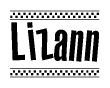 The image is a black and white clipart of the text Lizann in a bold, italicized font. The text is bordered by a dotted line on the top and bottom, and there are checkered flags positioned at both ends of the text, usually associated with racing or finishing lines.