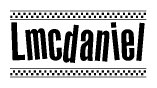 The image is a black and white clipart of the text Lmcdaniel in a bold, italicized font. The text is bordered by a dotted line on the top and bottom, and there are checkered flags positioned at both ends of the text, usually associated with racing or finishing lines.