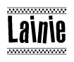 The image contains the text Lainie in a bold, stylized font, with a checkered flag pattern bordering the top and bottom of the text.