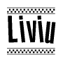 The image contains the text Liviu in a bold, stylized font, with a checkered flag pattern bordering the top and bottom of the text.