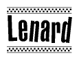 The image is a black and white clipart of the text Lenard in a bold, italicized font. The text is bordered by a dotted line on the top and bottom, and there are checkered flags positioned at both ends of the text, usually associated with racing or finishing lines.