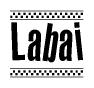The image is a black and white clipart of the text Labai in a bold, italicized font. The text is bordered by a dotted line on the top and bottom, and there are checkered flags positioned at both ends of the text, usually associated with racing or finishing lines.