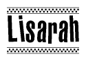 The image is a black and white clipart of the text Lisarah in a bold, italicized font. The text is bordered by a dotted line on the top and bottom, and there are checkered flags positioned at both ends of the text, usually associated with racing or finishing lines.