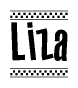 The image contains the text Liza in a bold, stylized font, with a checkered flag pattern bordering the top and bottom of the text.