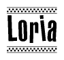 The image is a black and white clipart of the text Loria in a bold, italicized font. The text is bordered by a dotted line on the top and bottom, and there are checkered flags positioned at both ends of the text, usually associated with racing or finishing lines.