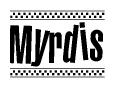 The clipart image displays the text Myrdis in a bold, stylized font. It is enclosed in a rectangular border with a checkerboard pattern running below and above the text, similar to a finish line in racing. 