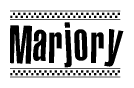 The clipart image displays the text Marjory in a bold, stylized font. It is enclosed in a rectangular border with a checkerboard pattern running below and above the text, similar to a finish line in racing. 