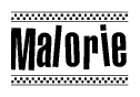The clipart image displays the text Malorie in a bold, stylized font. It is enclosed in a rectangular border with a checkerboard pattern running below and above the text, similar to a finish line in racing. 