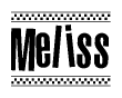 The clipart image displays the text Meliss in a bold, stylized font. It is enclosed in a rectangular border with a checkerboard pattern running below and above the text, similar to a finish line in racing. 