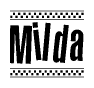 The image contains the text Milda in a bold, stylized font, with a checkered flag pattern bordering the top and bottom of the text.