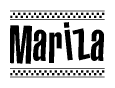 The clipart image displays the text Mariza in a bold, stylized font. It is enclosed in a rectangular border with a checkerboard pattern running below and above the text, similar to a finish line in racing. 