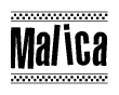 The image contains the text Malica in a bold, stylized font, with a checkered flag pattern bordering the top and bottom of the text.