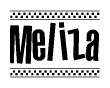The image contains the text Meliza in a bold, stylized font, with a checkered flag pattern bordering the top and bottom of the text.