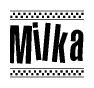 The clipart image displays the text Milka in a bold, stylized font. It is enclosed in a rectangular border with a checkerboard pattern running below and above the text, similar to a finish line in racing. 