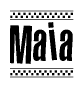The image contains the text Maia in a bold, stylized font, with a checkered flag pattern bordering the top and bottom of the text.