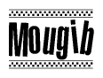 The image is a black and white clipart of the text Mougib in a bold, italicized font. The text is bordered by a dotted line on the top and bottom, and there are checkered flags positioned at both ends of the text, usually associated with racing or finishing lines.