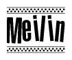 The image is a black and white clipart of the text Meilin in a bold, italicized font. The text is bordered by a dotted line on the top and bottom, and there are checkered flags positioned at both ends of the text, usually associated with racing or finishing lines.