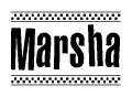 The clipart image displays the text Marsha in a bold, stylized font. It is enclosed in a rectangular border with a checkerboard pattern running below and above the text, similar to a finish line in racing. 