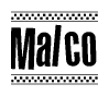 The clipart image displays the text Malco in a bold, stylized font. It is enclosed in a rectangular border with a checkerboard pattern running below and above the text, similar to a finish line in racing. 