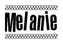 The clipart image displays the text Melanie in a bold, stylized font. It is enclosed in a rectangular border with a checkerboard pattern running below and above the text, similar to a finish line in racing. 