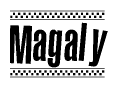 The clipart image displays the text Magaly in a bold, stylized font. It is enclosed in a rectangular border with a checkerboard pattern running below and above the text, similar to a finish line in racing. 