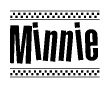 The clipart image displays the text Minnie in a bold, stylized font. It is enclosed in a rectangular border with a checkerboard pattern running below and above the text, similar to a finish line in racing. 