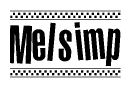 The image is a black and white clipart of the text Melsimp in a bold, italicized font. The text is bordered by a dotted line on the top and bottom, and there are checkered flags positioned at both ends of the text, usually associated with racing or finishing lines.