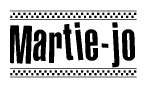 The image is a black and white clipart of the text Martie-jo in a bold, italicized font. The text is bordered by a dotted line on the top and bottom, and there are checkered flags positioned at both ends of the text, usually associated with racing or finishing lines.