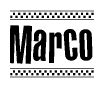 The image contains the text Marco in a bold, stylized font, with a checkered flag pattern bordering the top and bottom of the text.