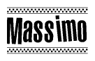 The image is a black and white clipart of the text Massimo in a bold, italicized font. The text is bordered by a dotted line on the top and bottom, and there are checkered flags positioned at both ends of the text, usually associated with racing or finishing lines.