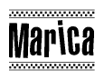 The clipart image displays the text Marica in a bold, stylized font. It is enclosed in a rectangular border with a checkerboard pattern running below and above the text, similar to a finish line in racing. 