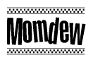 The image contains the text Momdew in a bold, stylized font, with a checkered flag pattern bordering the top and bottom of the text.