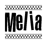 The image contains the text Melia in a bold, stylized font, with a checkered flag pattern bordering the top and bottom of the text.
