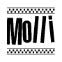 The image is a black and white clipart of the text Molli in a bold, italicized font. The text is bordered by a dotted line on the top and bottom, and there are checkered flags positioned at both ends of the text, usually associated with racing or finishing lines.