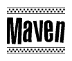 The image is a black and white clipart of the text Maven in a bold, italicized font. The text is bordered by a dotted line on the top and bottom, and there are checkered flags positioned at both ends of the text, usually associated with racing or finishing lines.