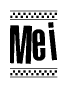 The image is a black and white clipart of the text Mei in a bold, italicized font. The text is bordered by a dotted line on the top and bottom, and there are checkered flags positioned at both ends of the text, usually associated with racing or finishing lines.