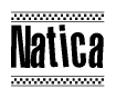 The image contains the text Natica in a bold, stylized font, with a checkered flag pattern bordering the top and bottom of the text.