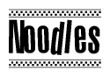 The image contains the text Noodles in a bold, stylized font, with a checkered flag pattern bordering the top and bottom of the text.