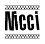 The clipart image displays the text Nicci in a bold, stylized font. It is enclosed in a rectangular border with a checkerboard pattern running below and above the text, similar to a finish line in racing. 